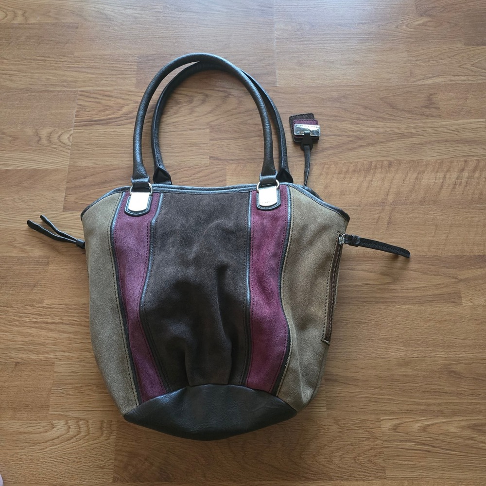 Tignanello Vintage Y2K Boho Suede Leather Patchwork Tote Shoulder Bag Brown Plum